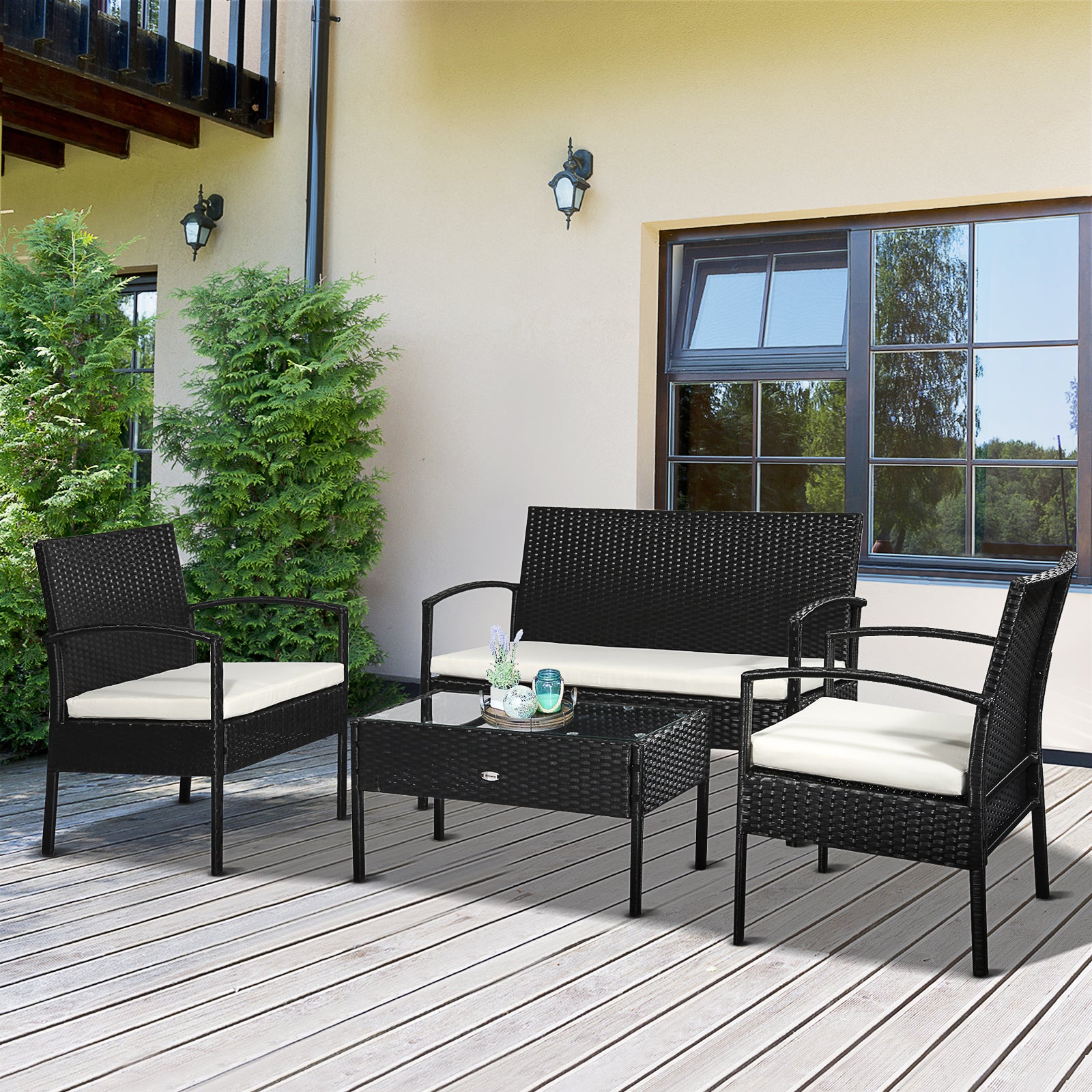 Set Salotto da Giardino in Rattan Sintetico Tavolino 2 Poltrone e Divano con Cuscini Nero