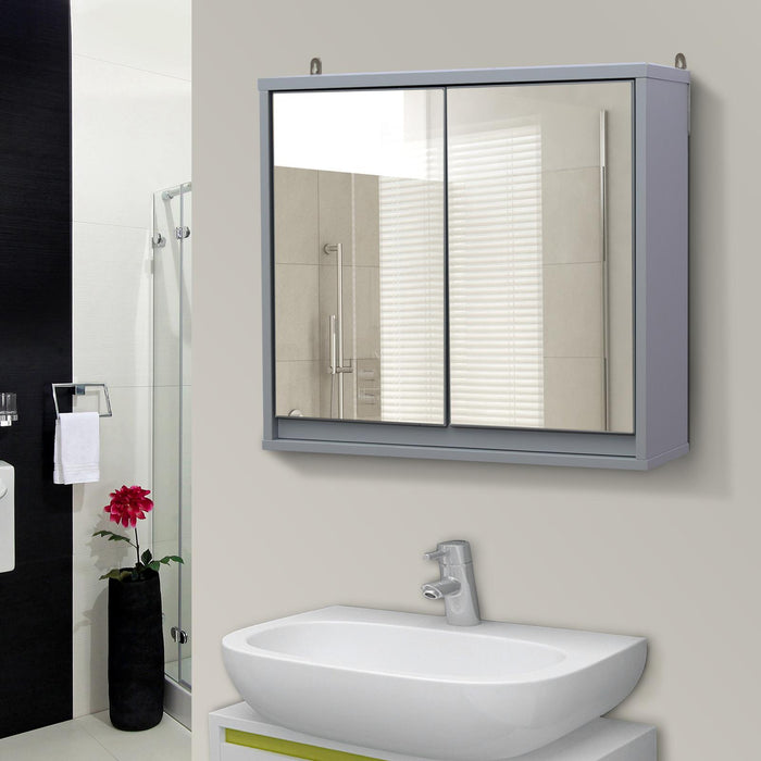 Specchio Armadietto da Bagno Pensile Doppia Porta con Ripiano Regolabile Grigio 48x14.5x45 cm