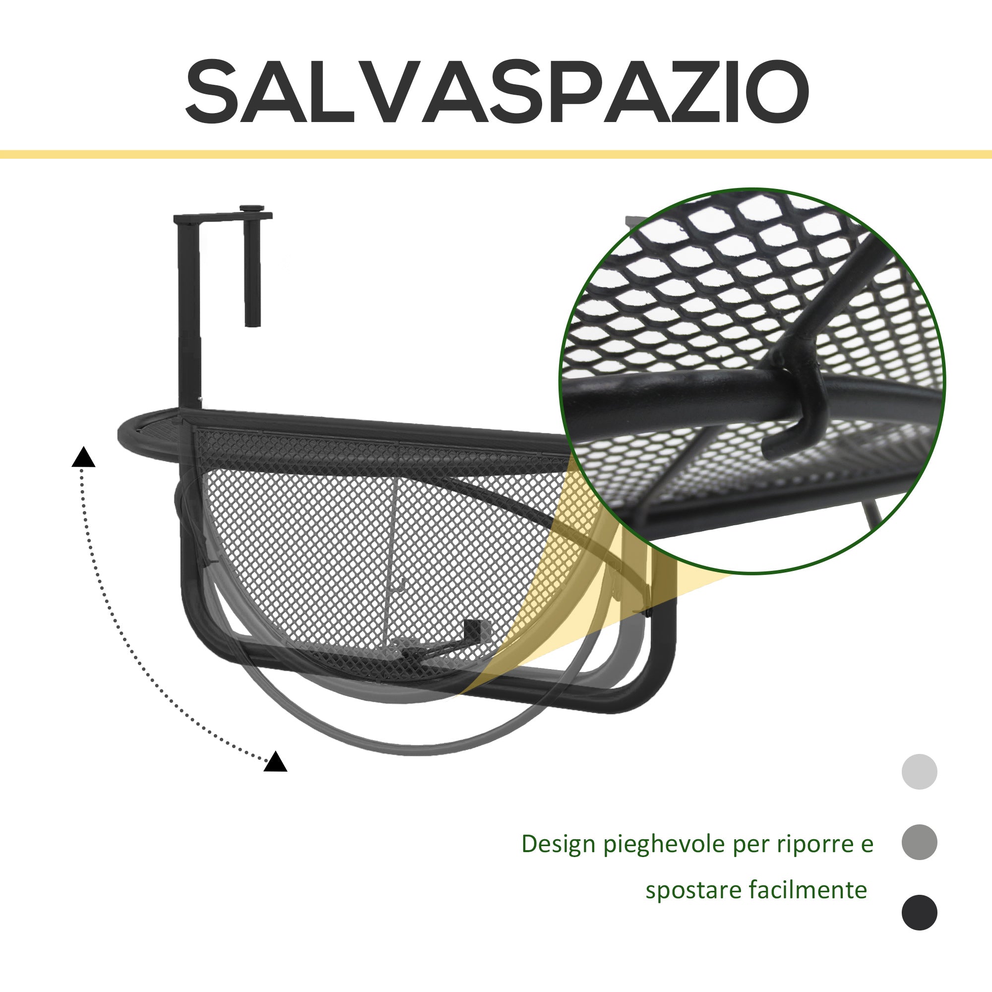 Tavolino Sospeso da Balcone Regolabile in Ferro Nero 60x45x50 cm