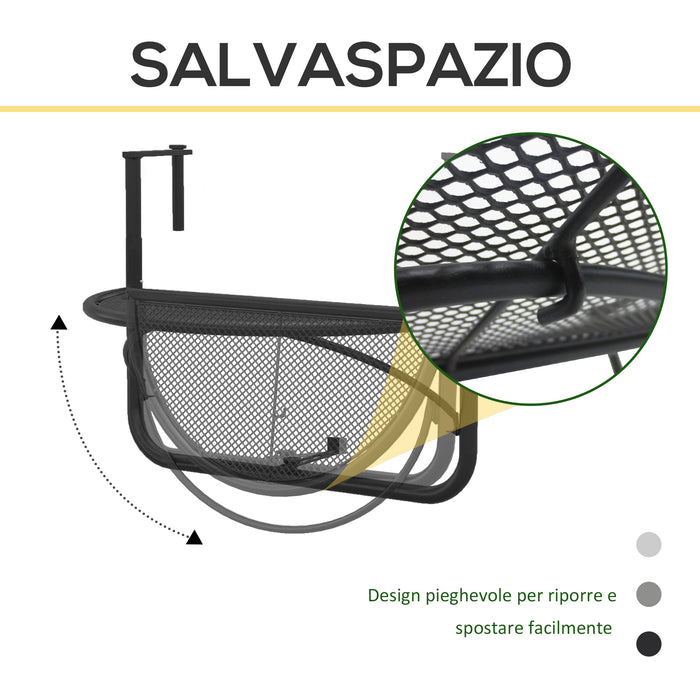 Tavolino Sospeso da Balcone Regolabile in Ferro Nero 60x45x50 cm