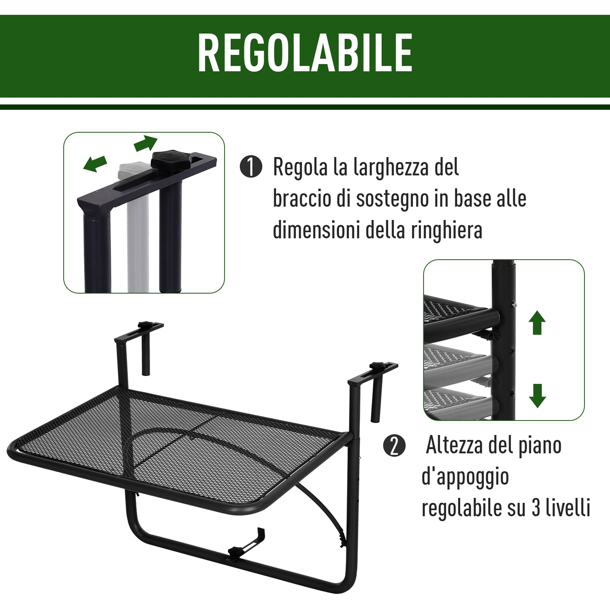 Tavolino Sospeso da Balcone Regolabile in Ferro Nero 60x56.5x45 cm