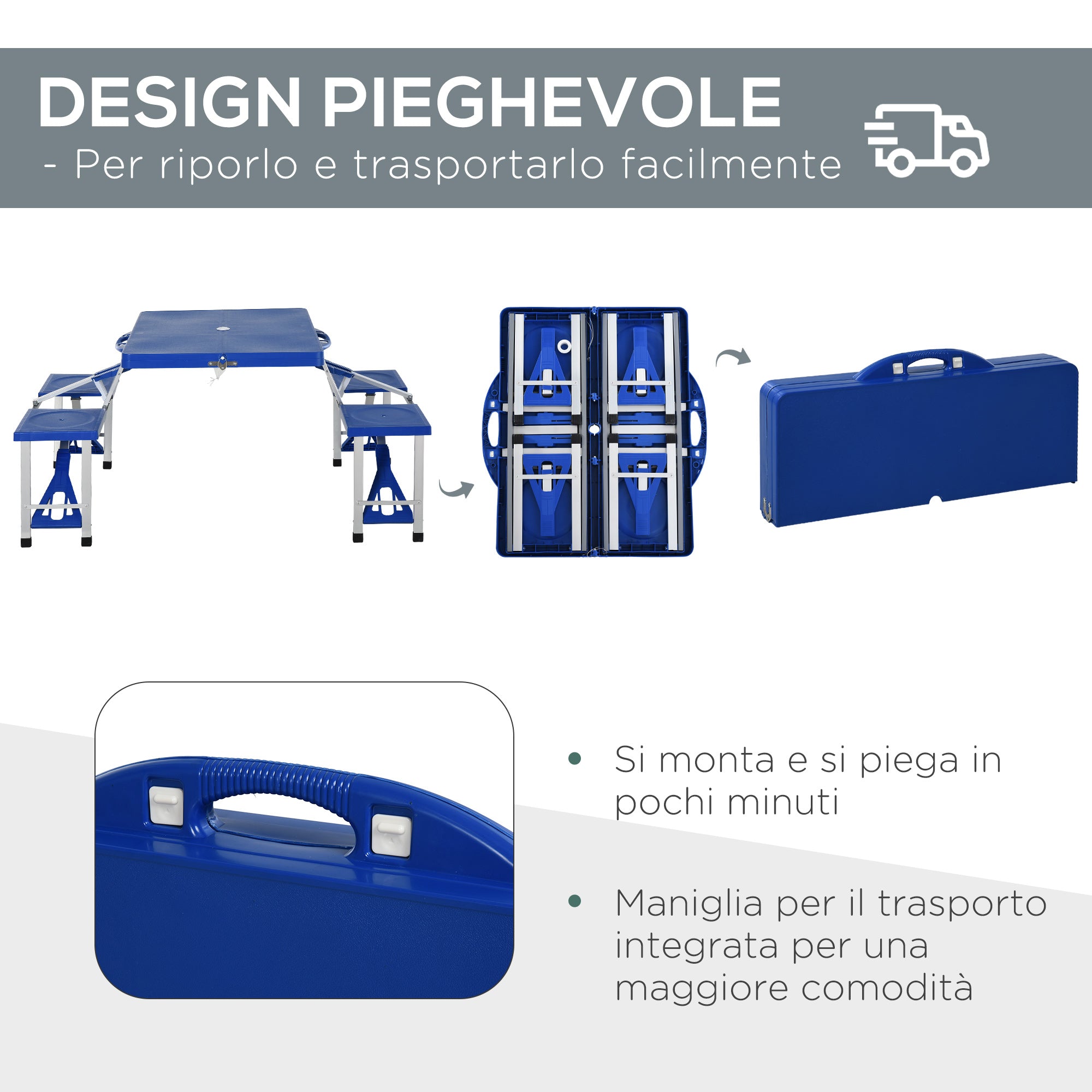 Set Campeggio Tavolino Pieghevole 4 Sedie in Alluminio e Plastica Azzurro