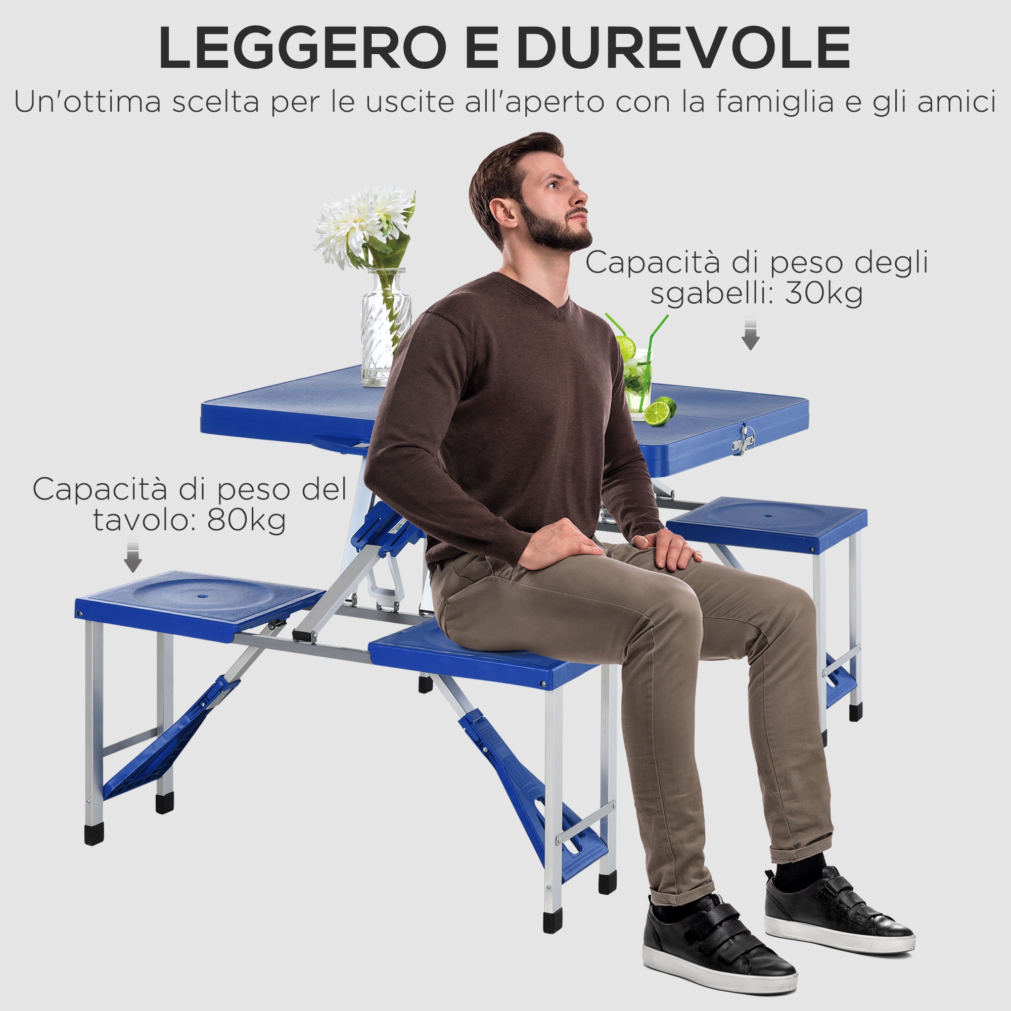 Set Campeggio Tavolino Pieghevole 4 Sedie in Alluminio e Plastica Azzurro