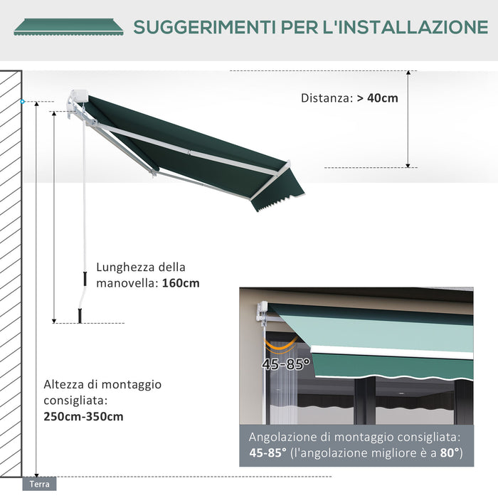 Tenda da Sole Avvolgibile Manuale a Parete Tessuto di Poliestere Verde 2.5x2m