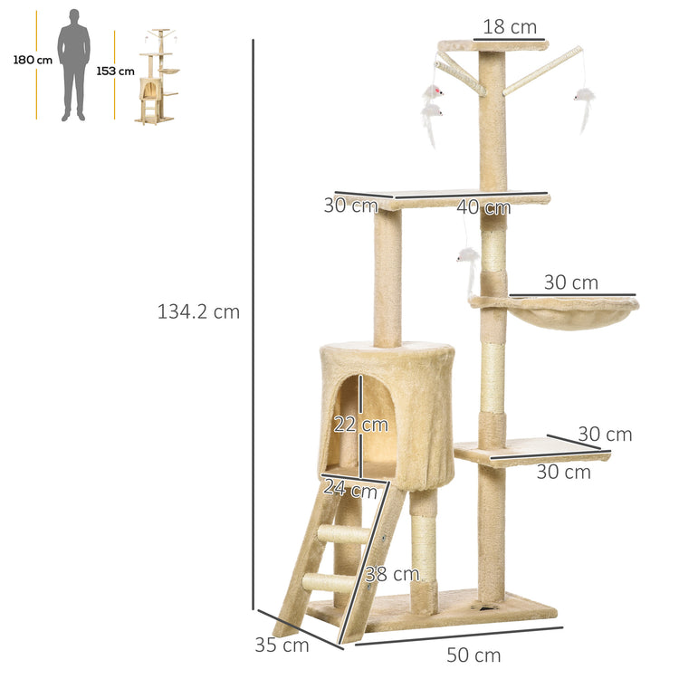 Albero Tiragraffi con Cuccia per Gatti in Legno Sisal Naturale Beige 40x30x131 cm