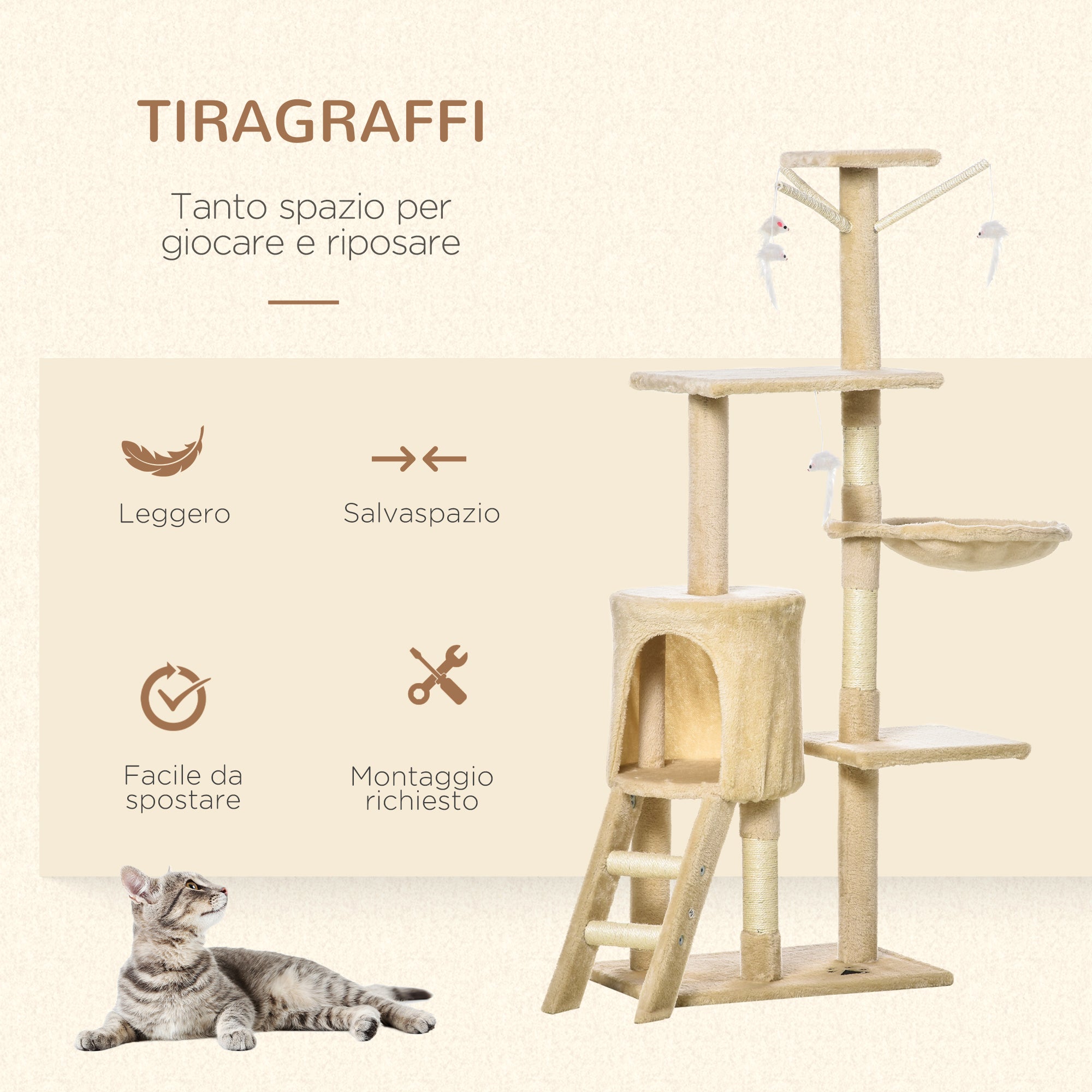 Albero Tiragraffi con Cuccia per Gatti in Legno Sisal Naturale Beige 40x30x131 cm