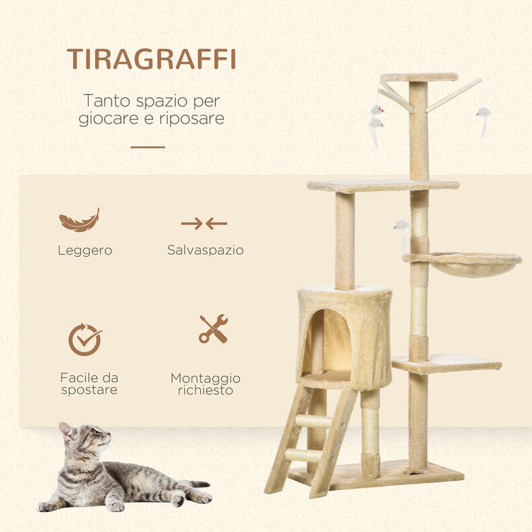 Albero Tiragraffi con Cuccia per Gatti in Legno Sisal Naturale Beige 40x30x131 cm