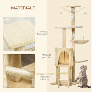 Albero Tiragraffi con Cuccia per Gatti in Legno Sisal Naturale Beige 40x30x131 cm