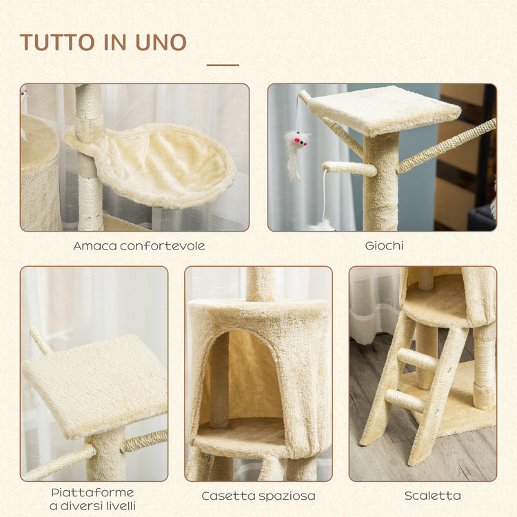 Albero Tiragraffi con Cuccia per Gatti in Legno Sisal Naturale Beige 40x30x131 cm