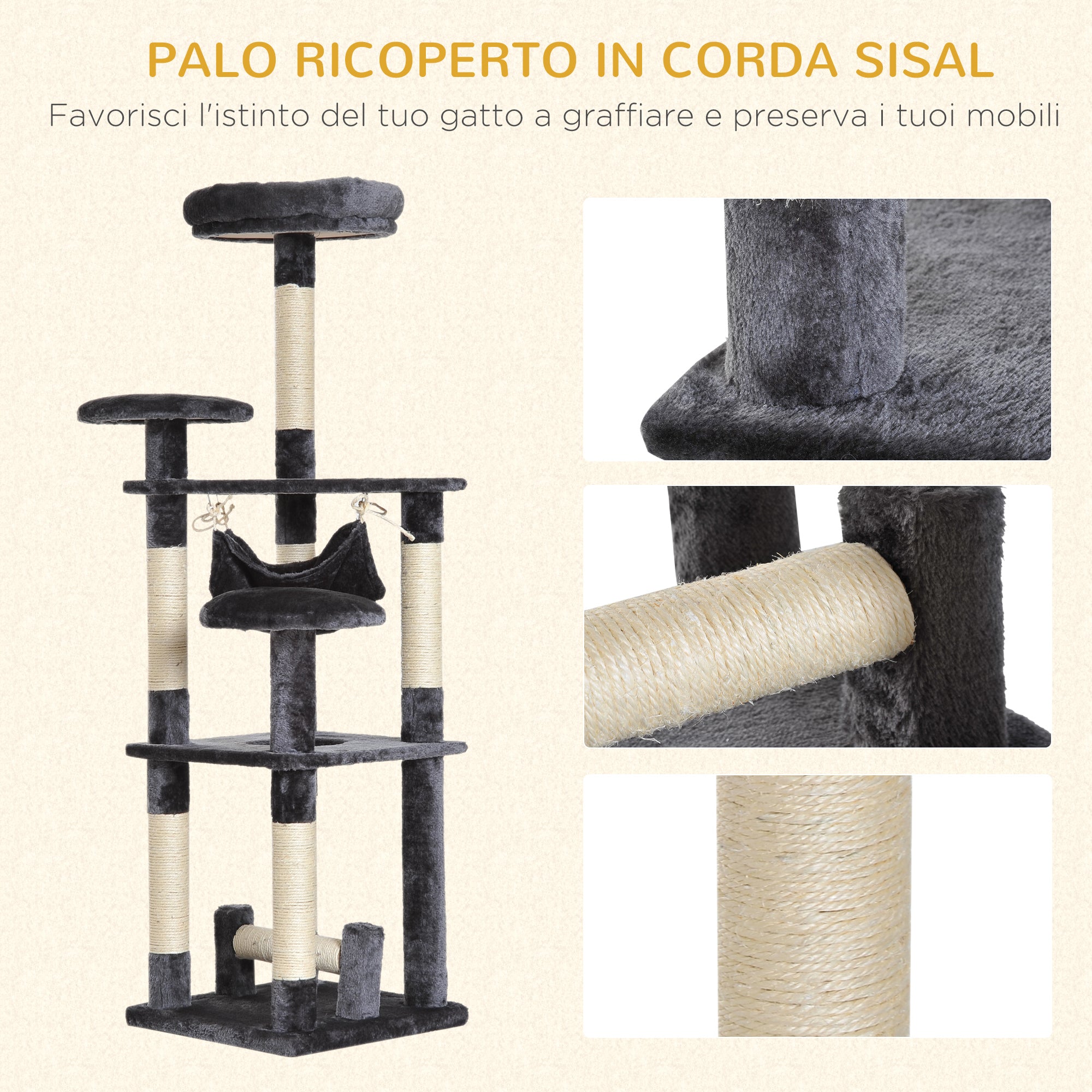 Albero Tiragraffi per Gatti a 4 Livelli in Peluche Sisal Naturale Grigio 40x40x132 cm