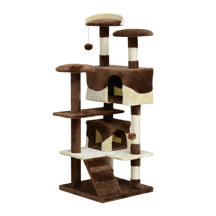 Albero Tiragraffi per Gatti in Peluche e Sisal con Cucce e Pallina Caffè e Crema 50x50x132 cm