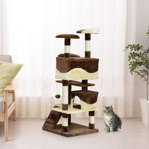 Albero Tiragraffi per Gatti in Peluche e Sisal con Cucce e Pallina Caffè e Crema 50x50x132 cm