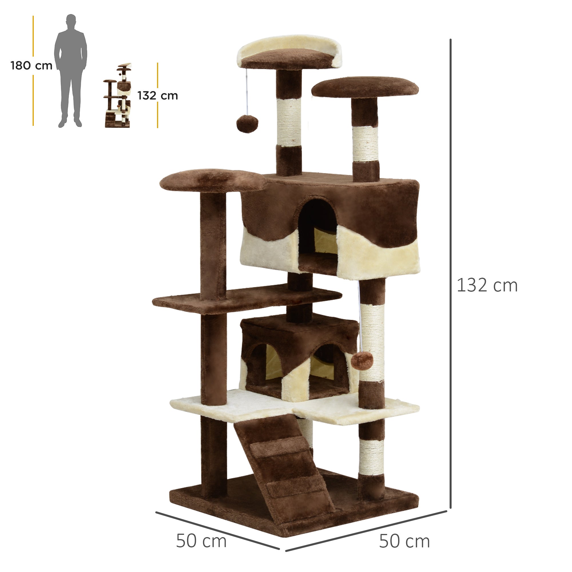 Albero Tiragraffi per Gatti in Peluche e Sisal con Cucce e Pallina Caffè e Crema 50x50x132 cm