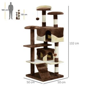 Albero Tiragraffi per Gatti in Peluche e Sisal con Cucce e Pallina Caffè e Crema 50x50x132 cm