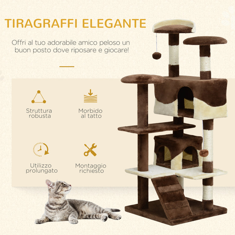 Albero Tiragraffi per Gatti in Peluche e Sisal con Cucce e Pallina Caffè e Crema 50x50x132 cm