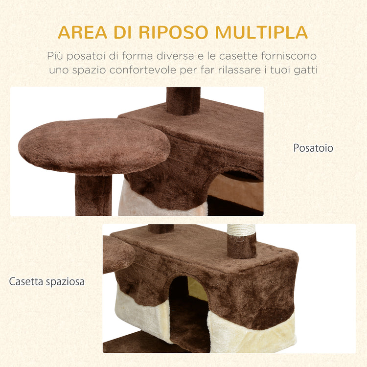 Albero Tiragraffi per Gatti in Peluche e Sisal con Cucce e Pallina Caffè e Crema 50x50x132 cm