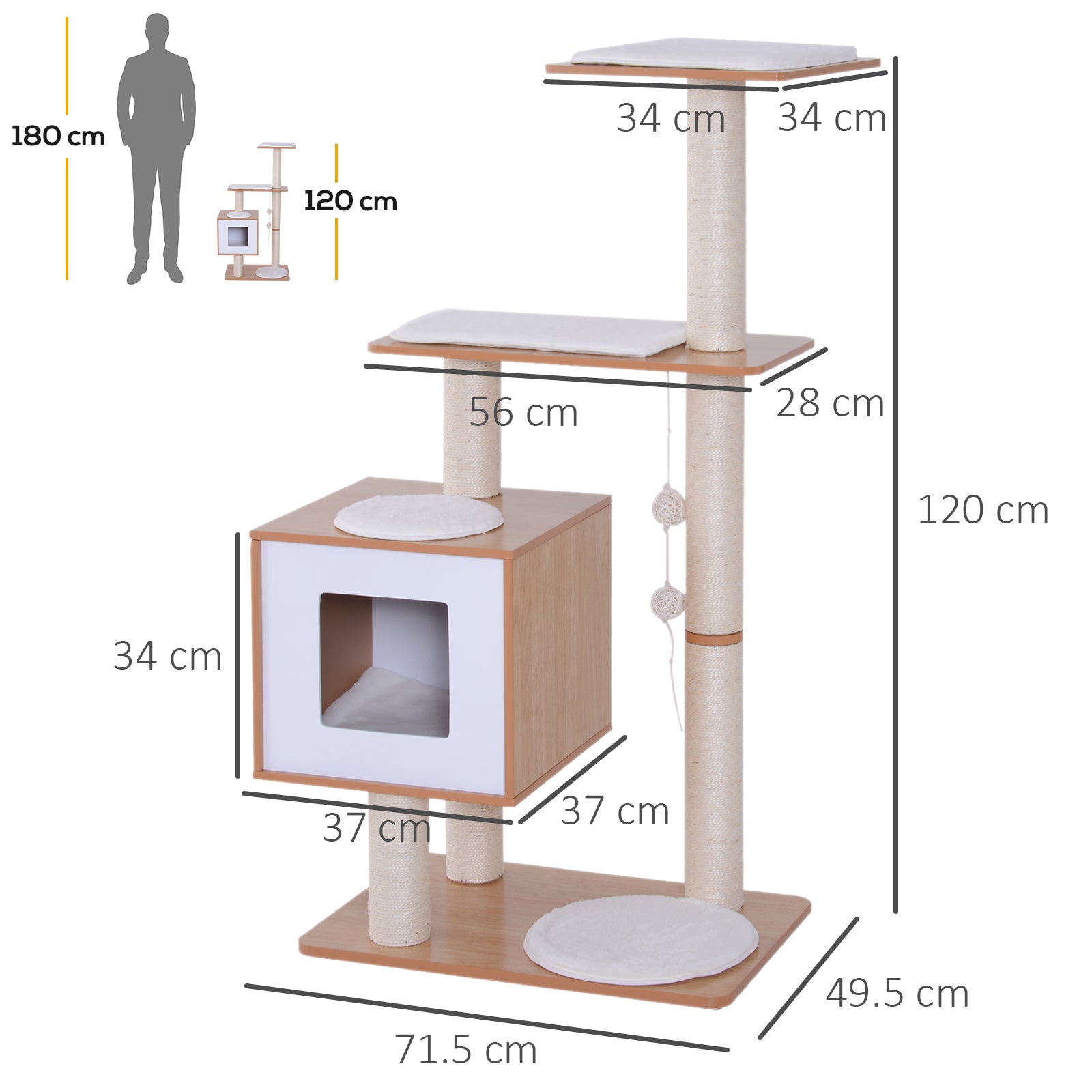 Albero Tiragraffi per Gatti in Sisal con Cuccia Piattaforme e Giochi 60x40x120 cm