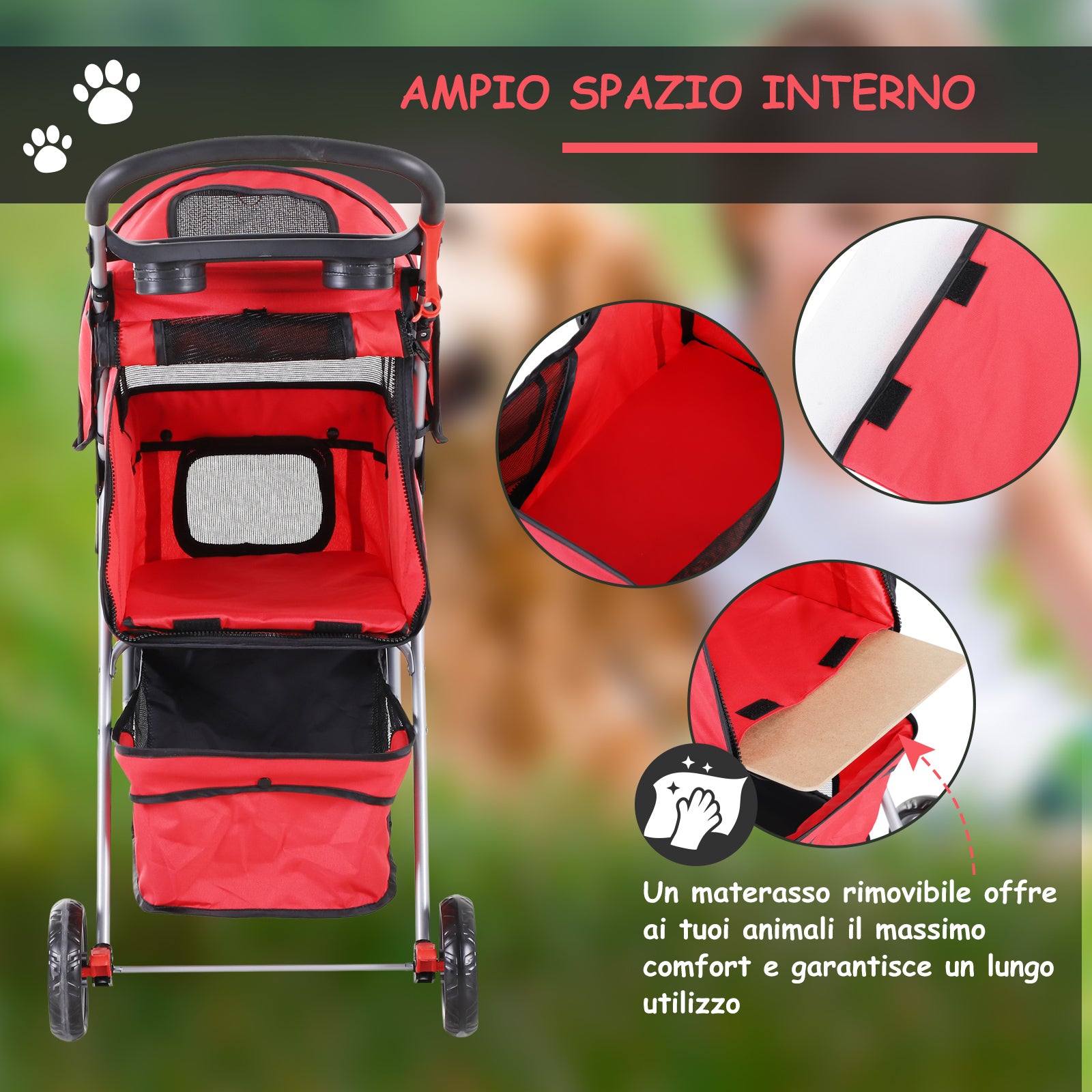 Passeggino per Cani Rosso 75x45x97 cm