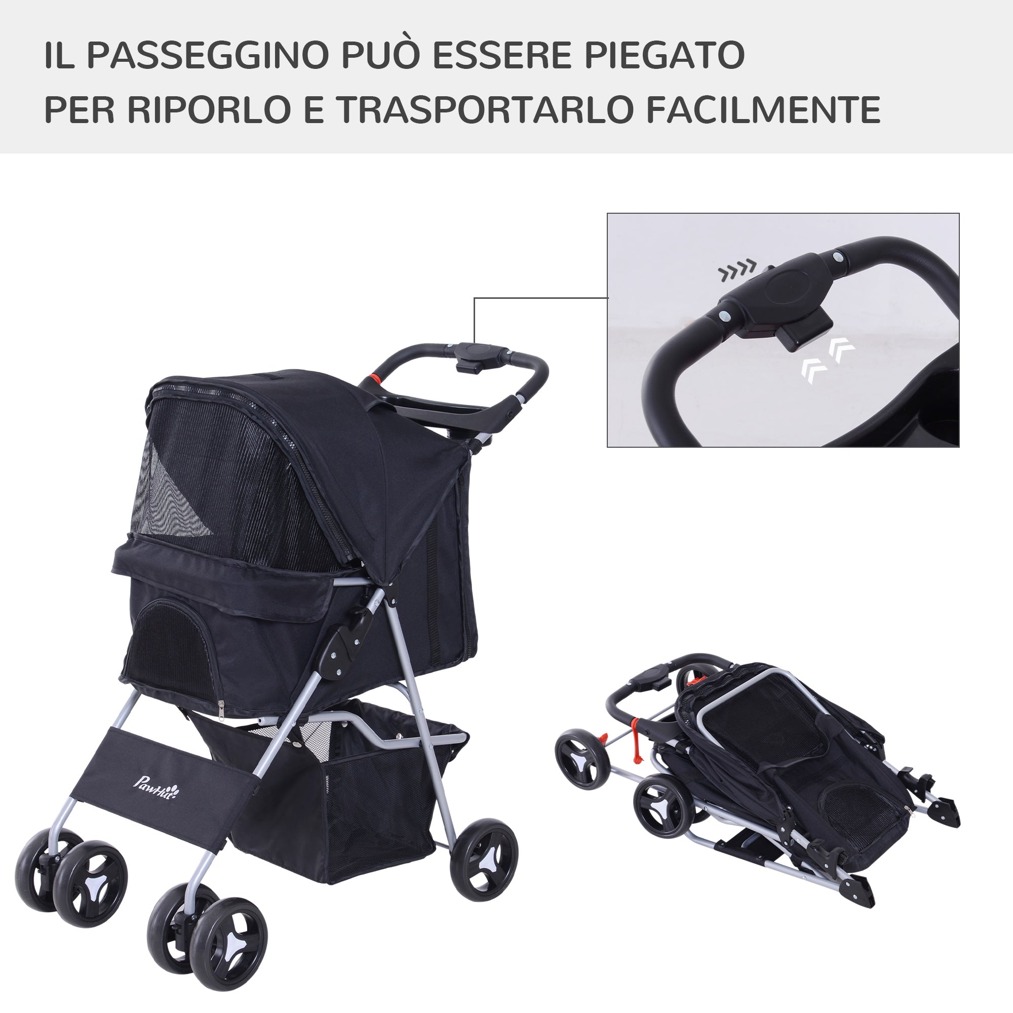 Passeggino per Cani Pieghevole Nero 77x47x101 cm