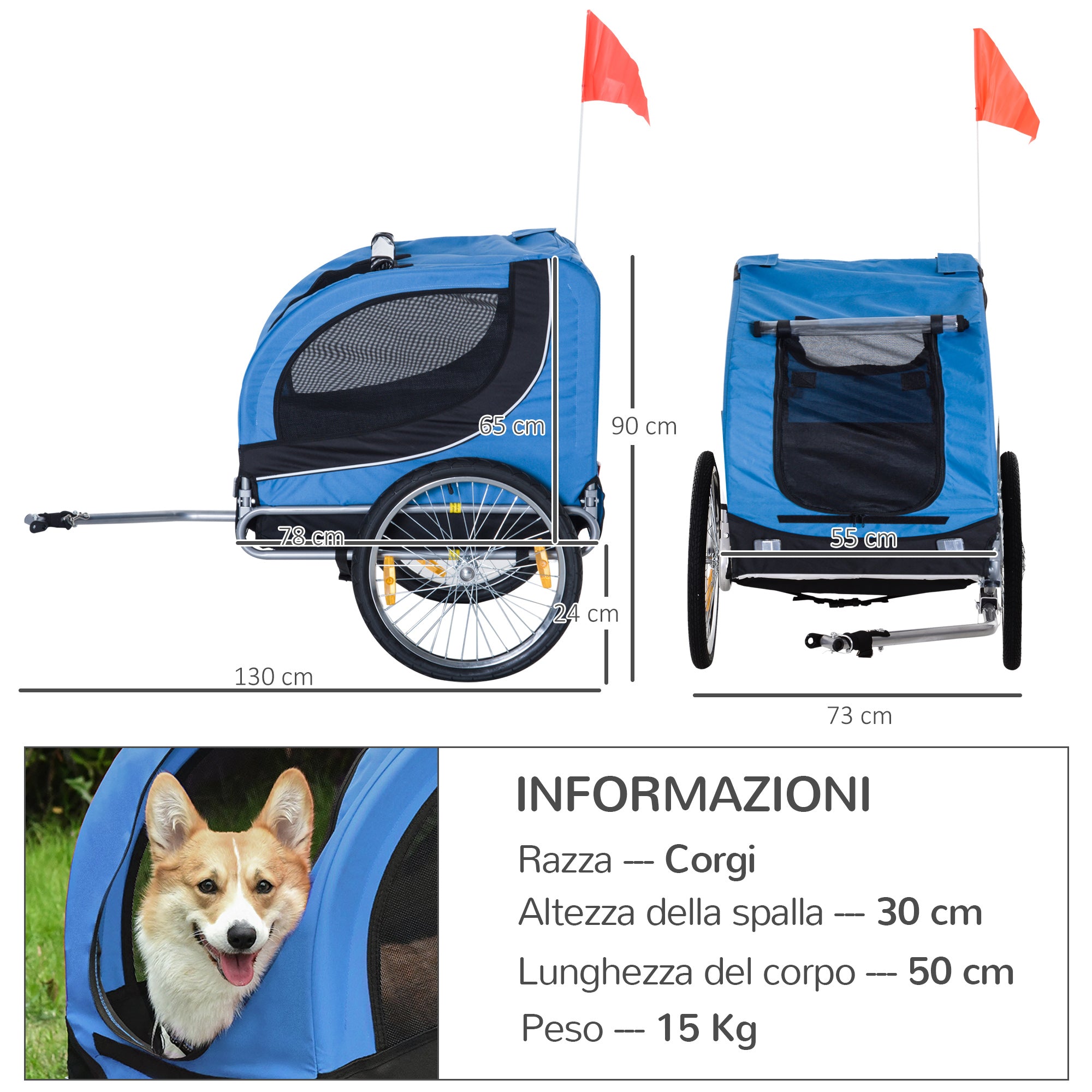 Rimorchio per Cani da Bicicletta Azzurro e Nero 130x90x110 cm