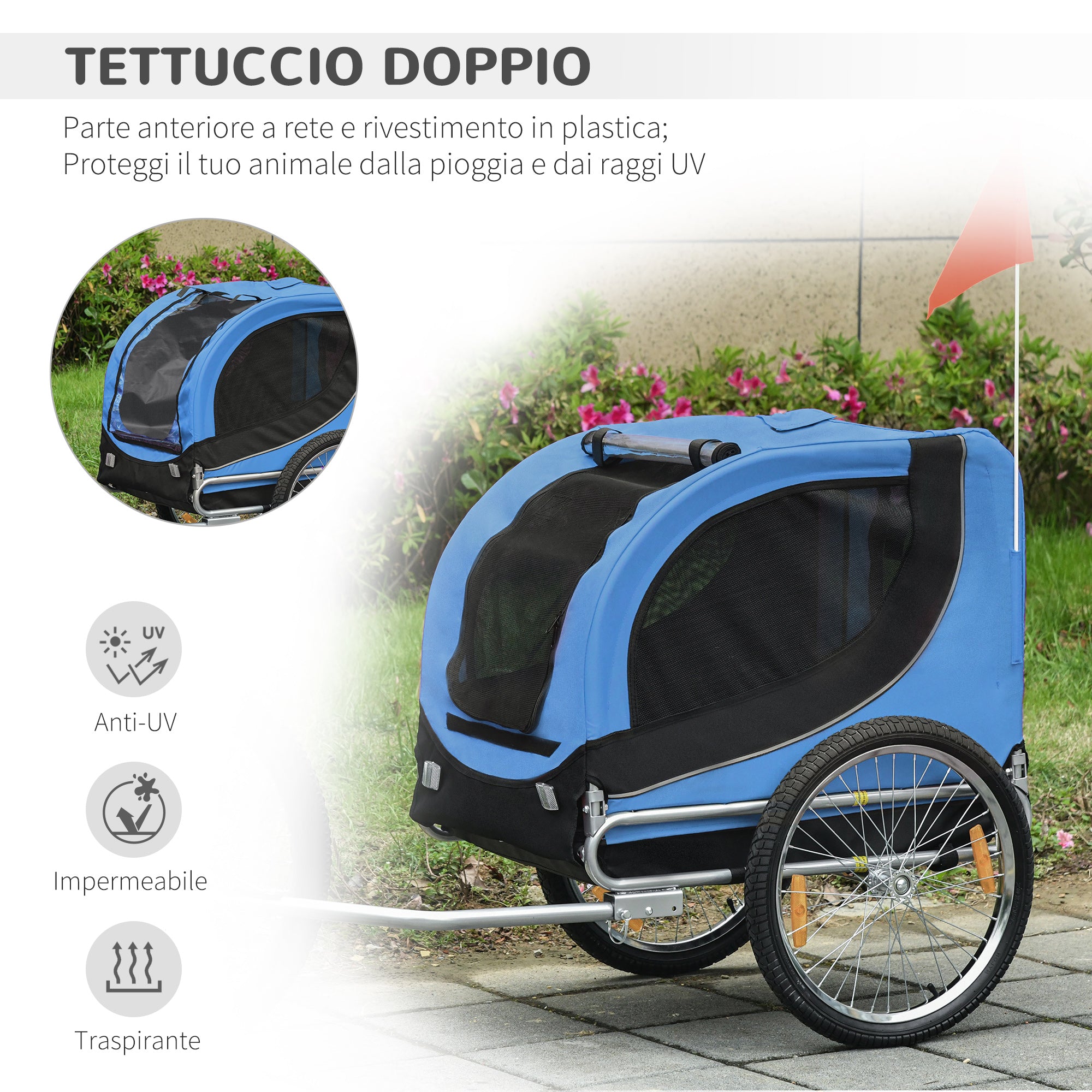 Rimorchio per Cani da Bicicletta Azzurro e Nero 130x90x110 cm