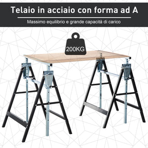 Set 2 Cavalletti da Lavoro Pieghevoli Telescopici Altezza Regolabile in Tubi d'Acciaio