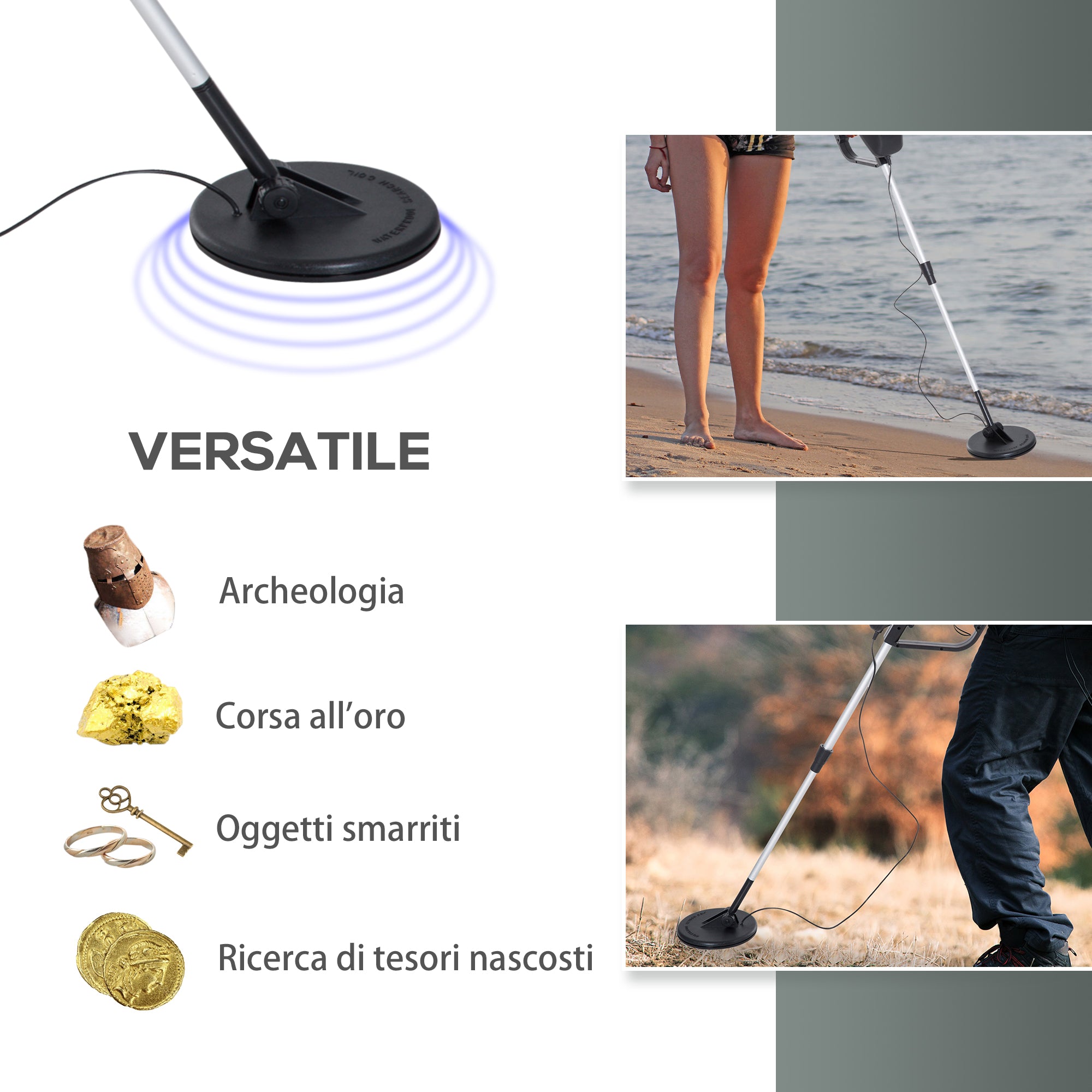 Metal Detector Impermeabile con Sistema di Discriminazione e Attacco per Cuffia