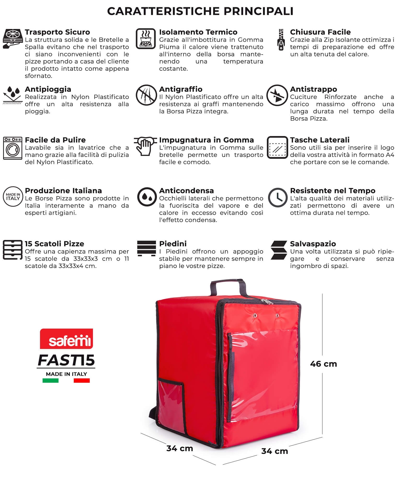 Zaino Borsa Termica Porta Pizze da Asporto 15 Cartoni Safemi Fast 15 Rosso