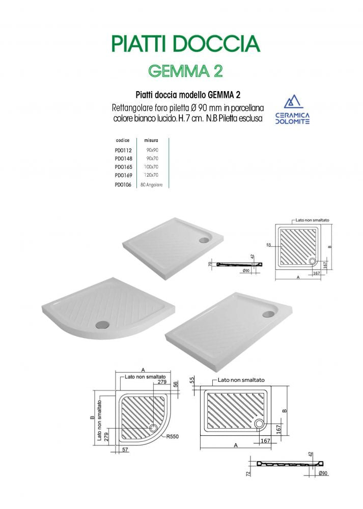 Piatto doccia in ceramica antiscivolo alto 7 cm Gemma 2 Ceramica Dolomite - Misura: 70 x 90 x h7 cm