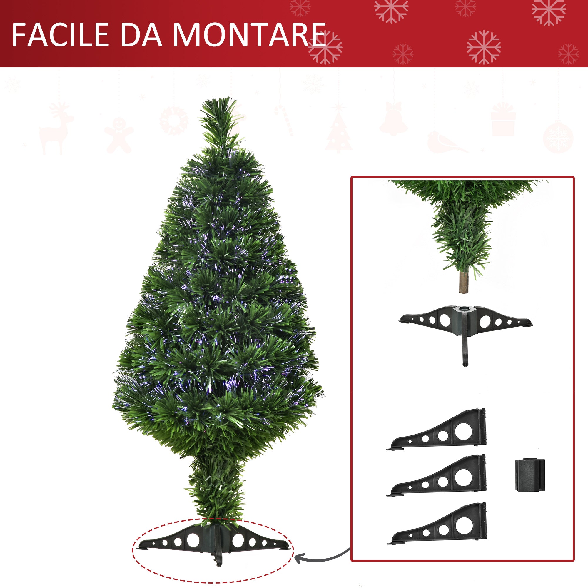 Albero di Natale Artificiale 90 cm 90 Rami in PVC e Fibra Ottica Verde