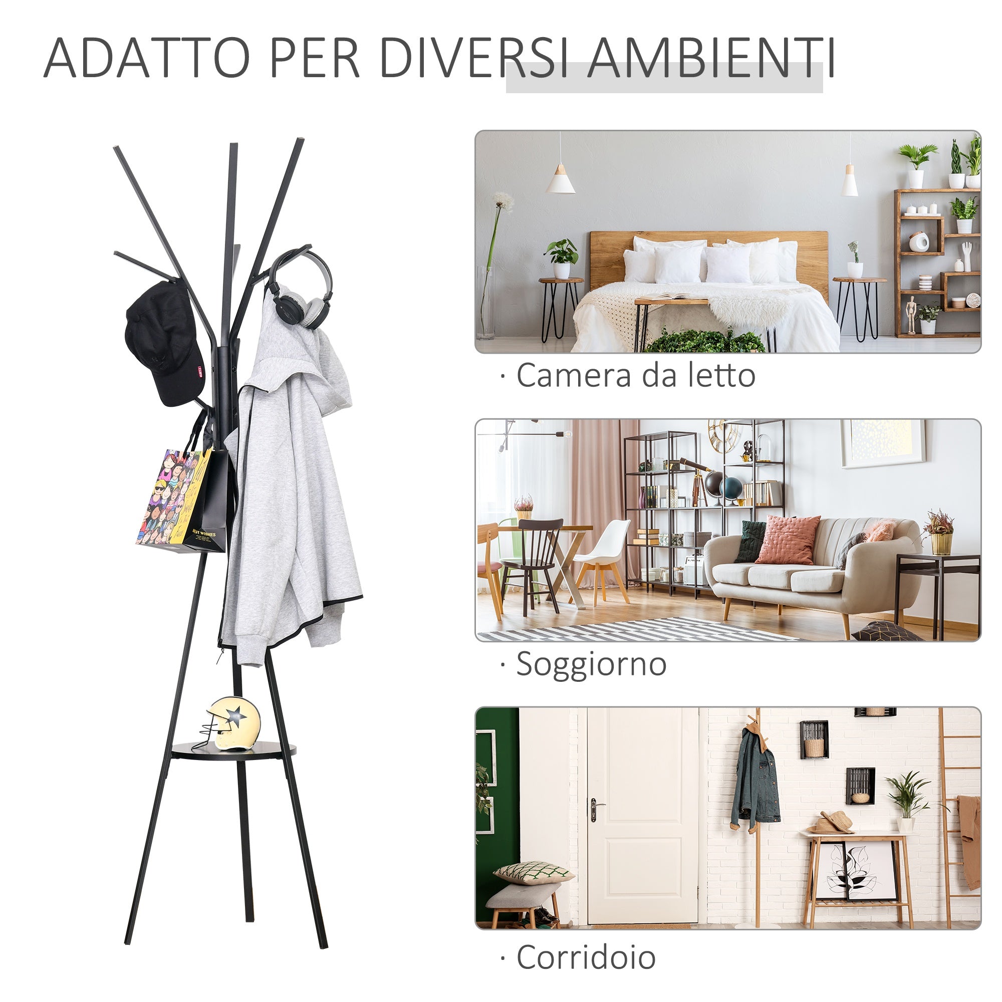 Appendiabiti da Terra Attaccapanni in Metallo e Legno Nero 45x45x180 cm