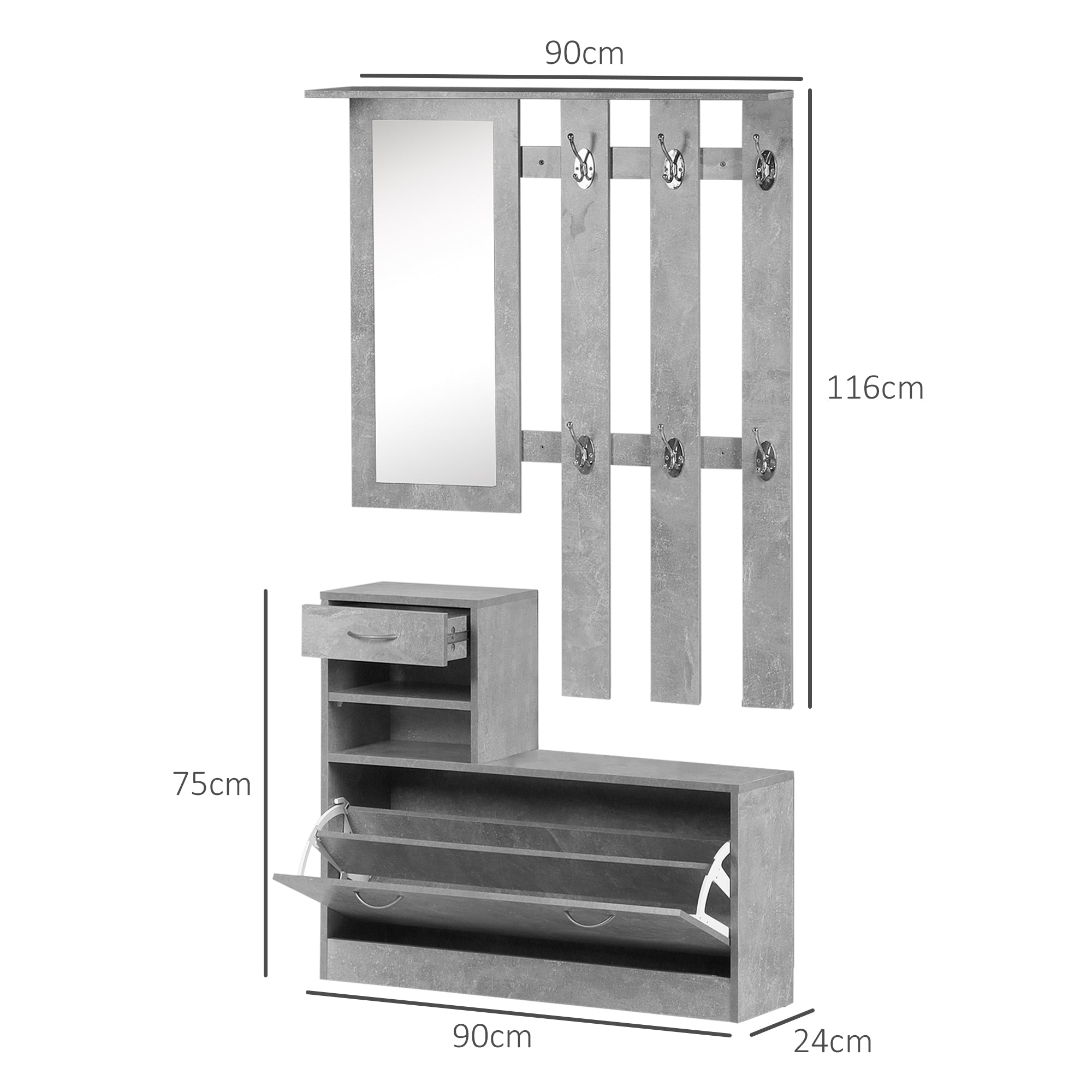 Mobile Guardaroba per Ingresso con Specchio Appendiabiti e Scarpiera Regolabile Grigio cemento 90x22x116 cm