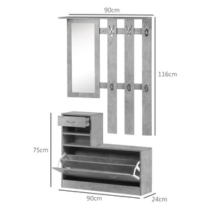 Mobile Guardaroba per Ingresso con Specchio Appendiabiti e Scarpiera Regolabile Grigio cemento 90x22x116 cm