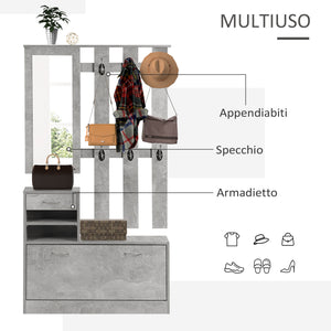 Mobile Guardaroba per Ingresso con Specchio Appendiabiti e Scarpiera Regolabile Grigio cemento 90x22x116 cm