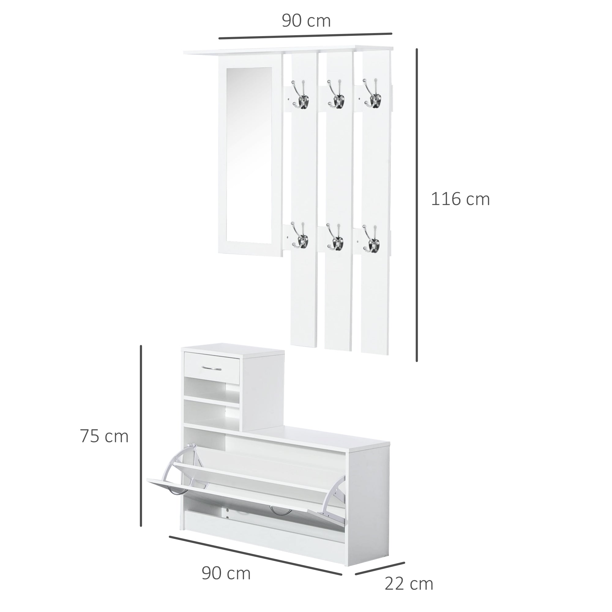 Mobile d'Ingresso Moderno Guardaroba Set Appendiabiti Specchio e Scarpiera 3 in 1 in Legno Bianco