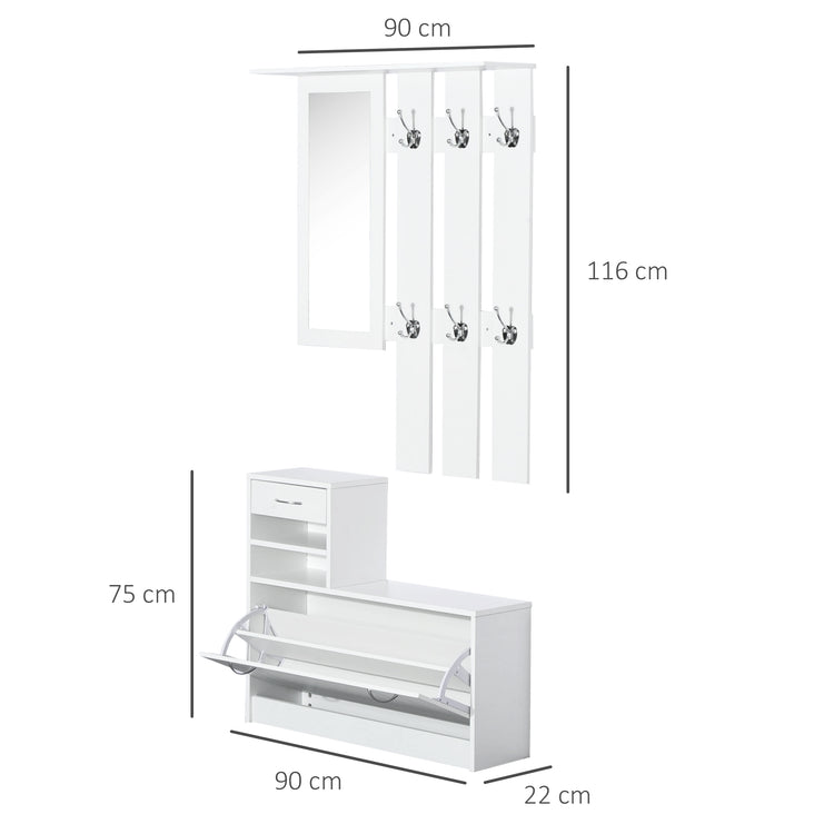 Mobile d'Ingresso Moderno Guardaroba Set Appendiabiti Specchio e Scarpiera 3 in 1 in Legno Bianco