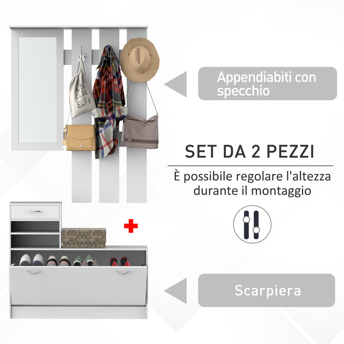 Mobile d'Ingresso Moderno Guardaroba Set Appendiabiti Specchio e Scarpiera 3 in 1 in Legno Bianco