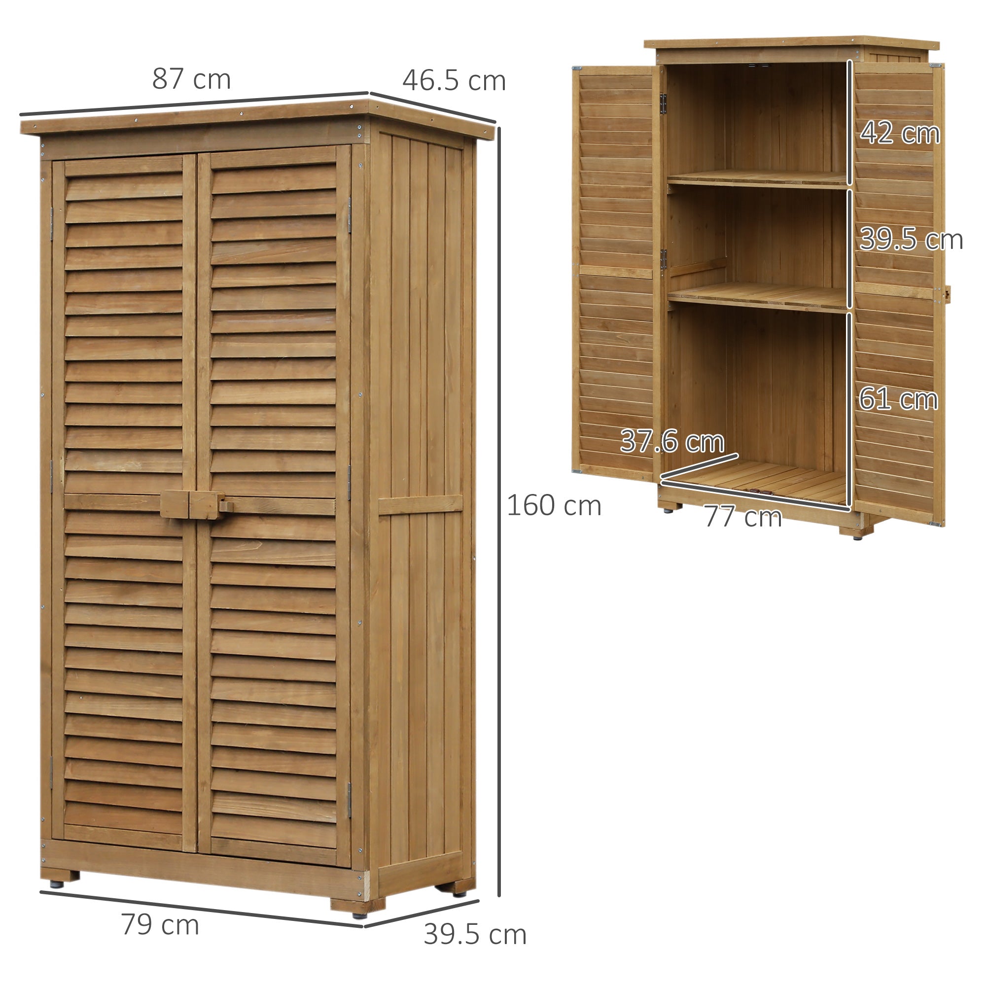 Armadio Porta Attrezzi da Giardino Impermeabile 3 Ripiani in Legno 87x46.5x160 cm