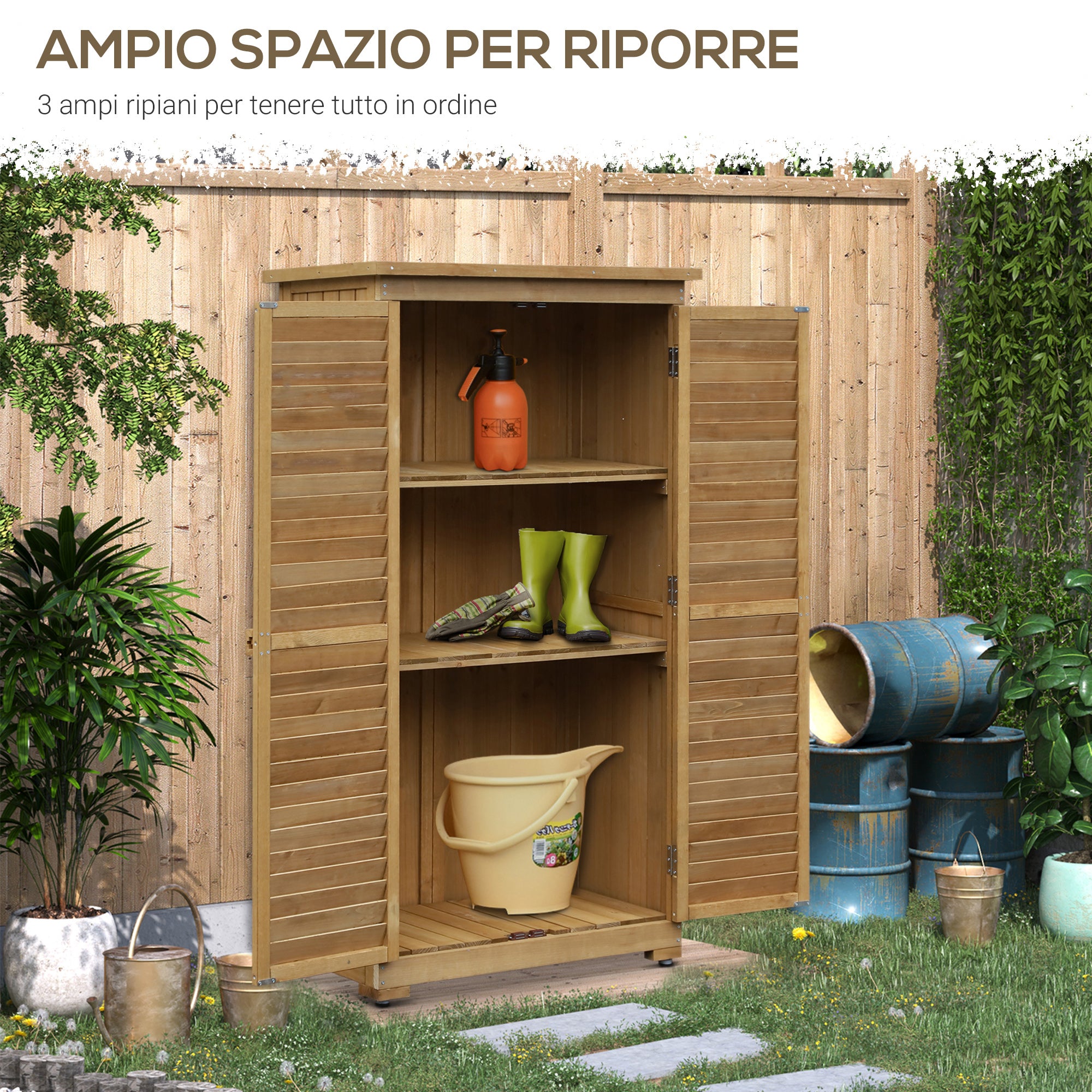 Armadio Porta Attrezzi da Giardino Impermeabile 3 Ripiani in Legno 87x46.5x160 cm