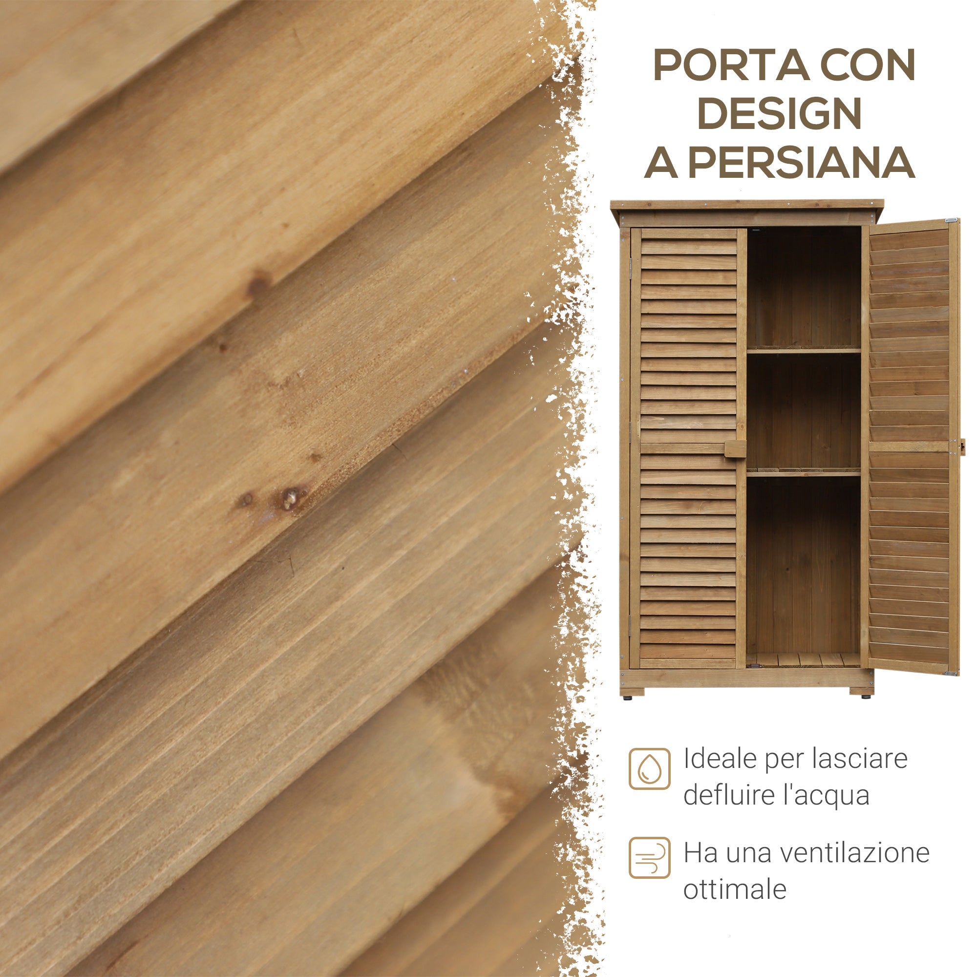 Armadio Porta Attrezzi da Giardino Impermeabile 3 Ripiani in Legno 87x46.5x160 cm