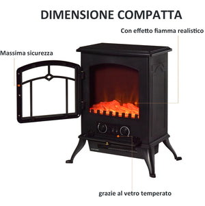 Camino Elettrico da Terra 42x28x55 cm 950/1850W Effetto Fiamma Nero