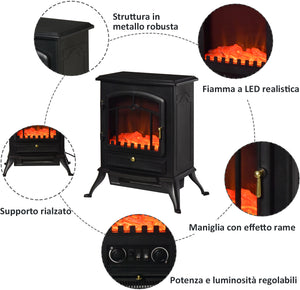 Camino Elettrico da Terra 42x28x55 cm 950/1850W Effetto Fiamma Nero