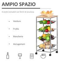 Carrello da Cucina con Cesti Estraibili in Acciaio e Ruote 36.5x36.5x89 cm