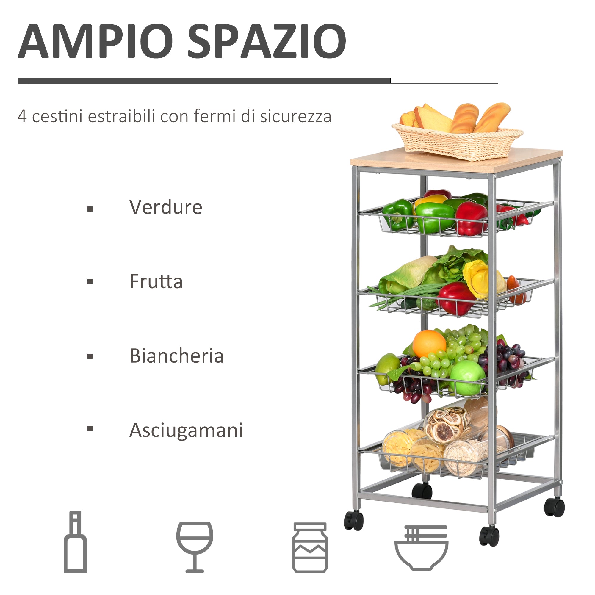 Carrello da Cucina con Cesti Estraibili in Acciaio e Ruote 36.5x36.5x89 cm