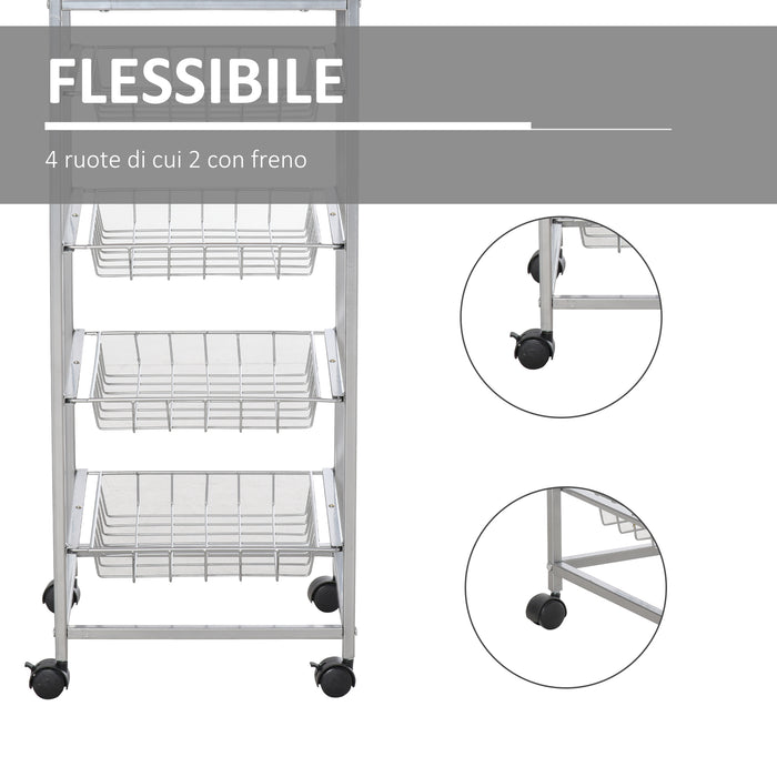 Carrello da Cucina con Cesti Estraibili in Acciaio e Ruote 36.5x36.5x89 cm