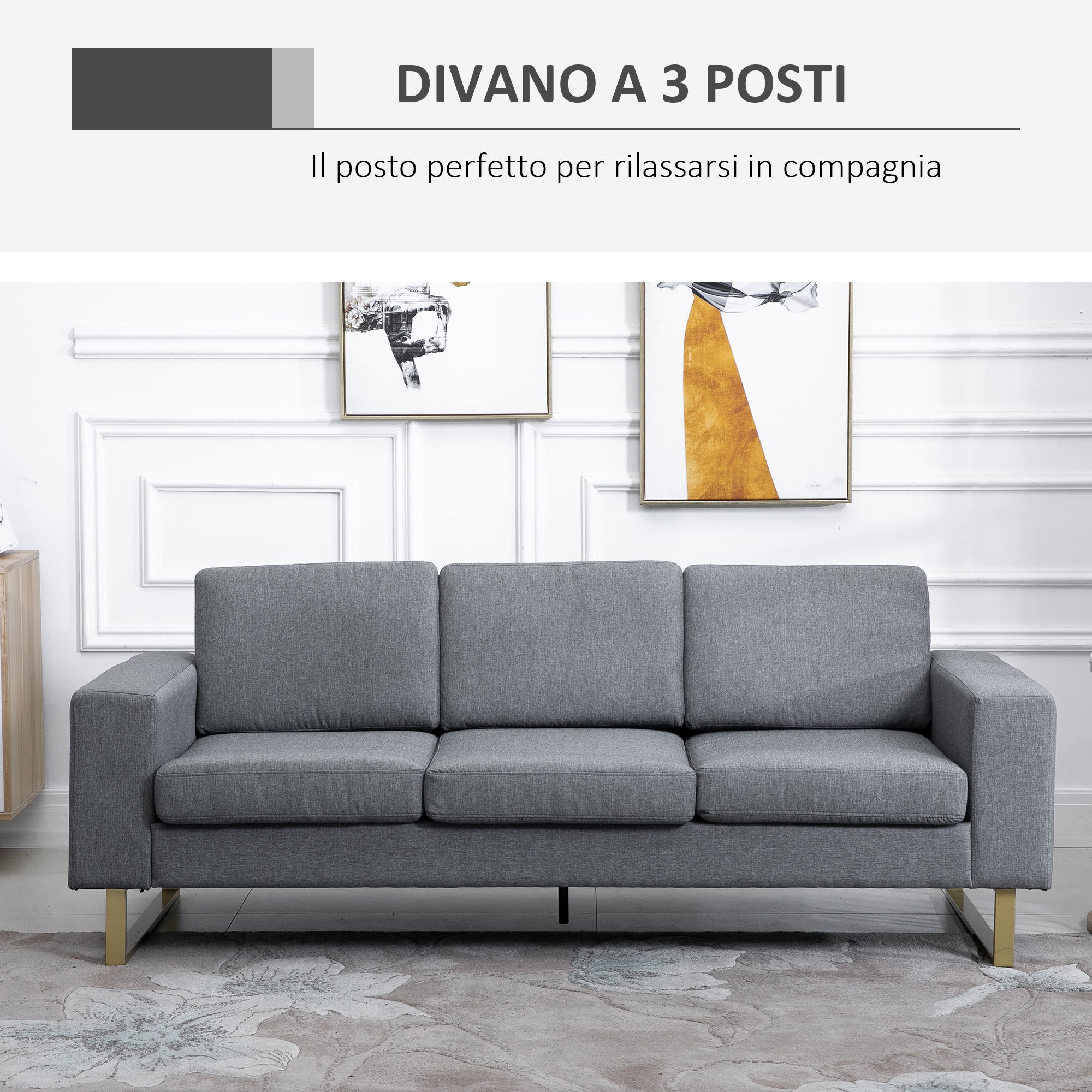 Divano 3 Posti con Cuscini in Tessuto di Lino Grigio scuro 200x82x78 cm