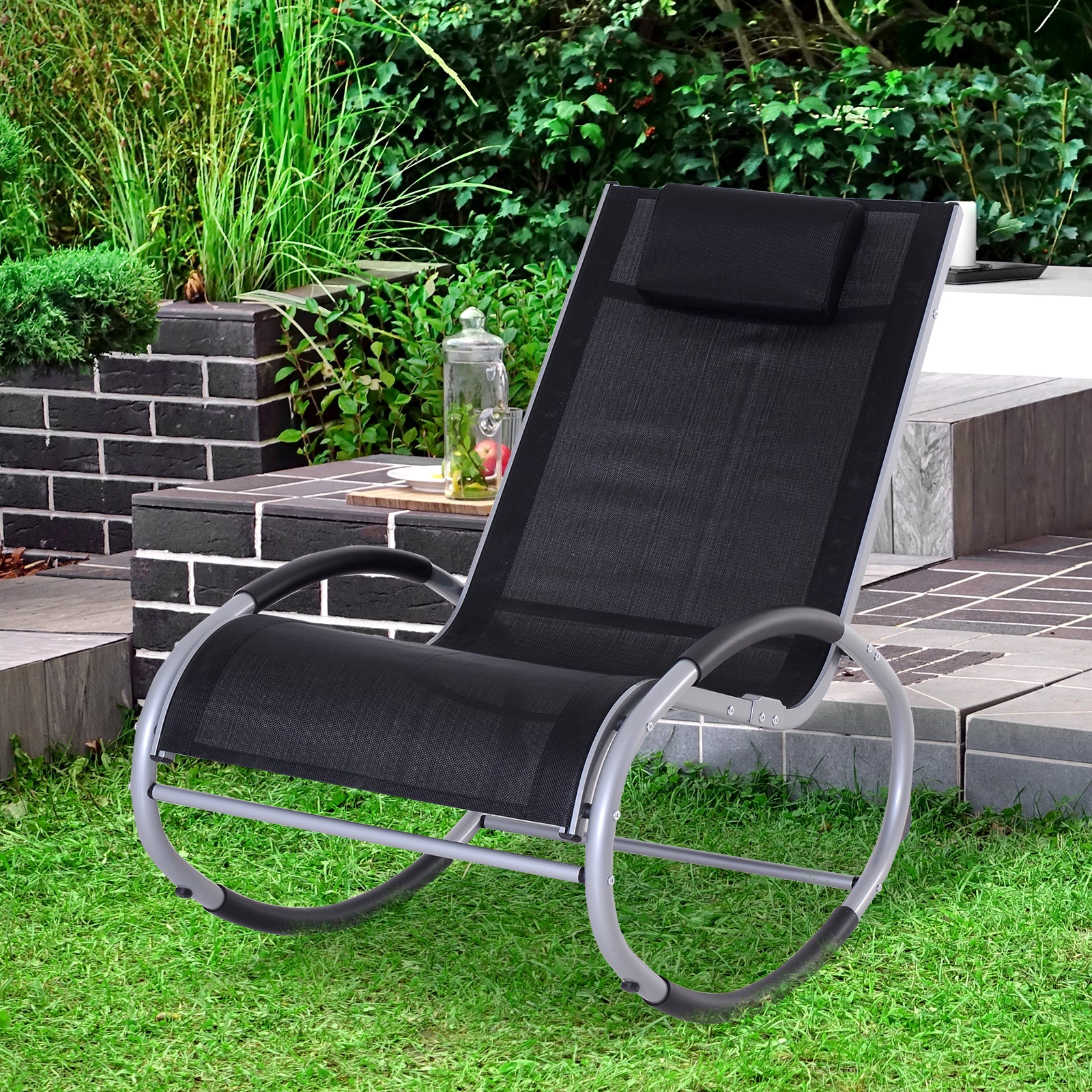 Sedia a Dondolo da Giardino Impermeabile in Alluminio Nero 120x61x88 cm