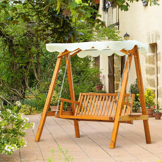 Dondolo da Giardino 2 Posti in Legno di Pino con Tettuccio Parasole Bianco