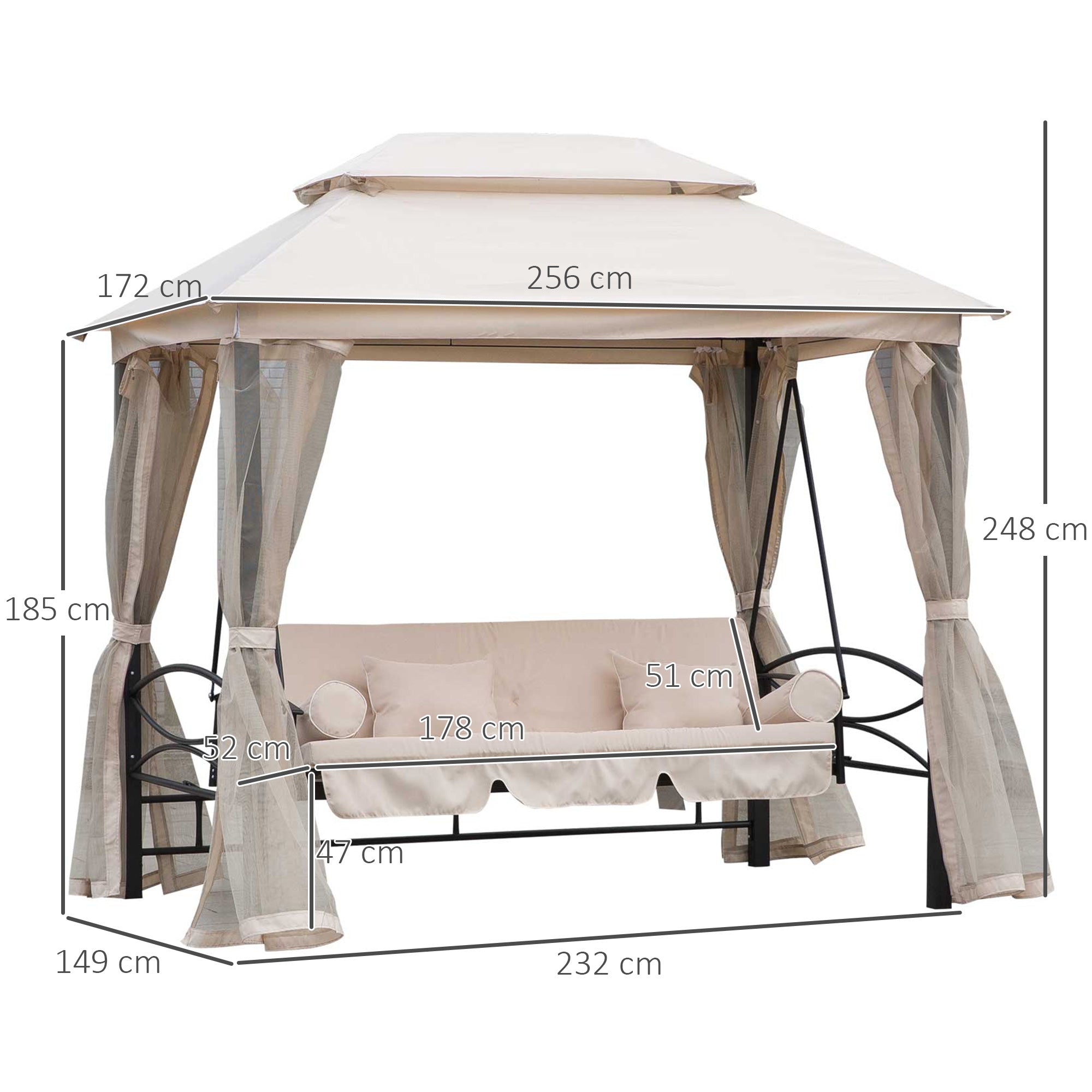 Dondolo a 3 Posti Gazebo Divano Letto con Zanzariera Beige