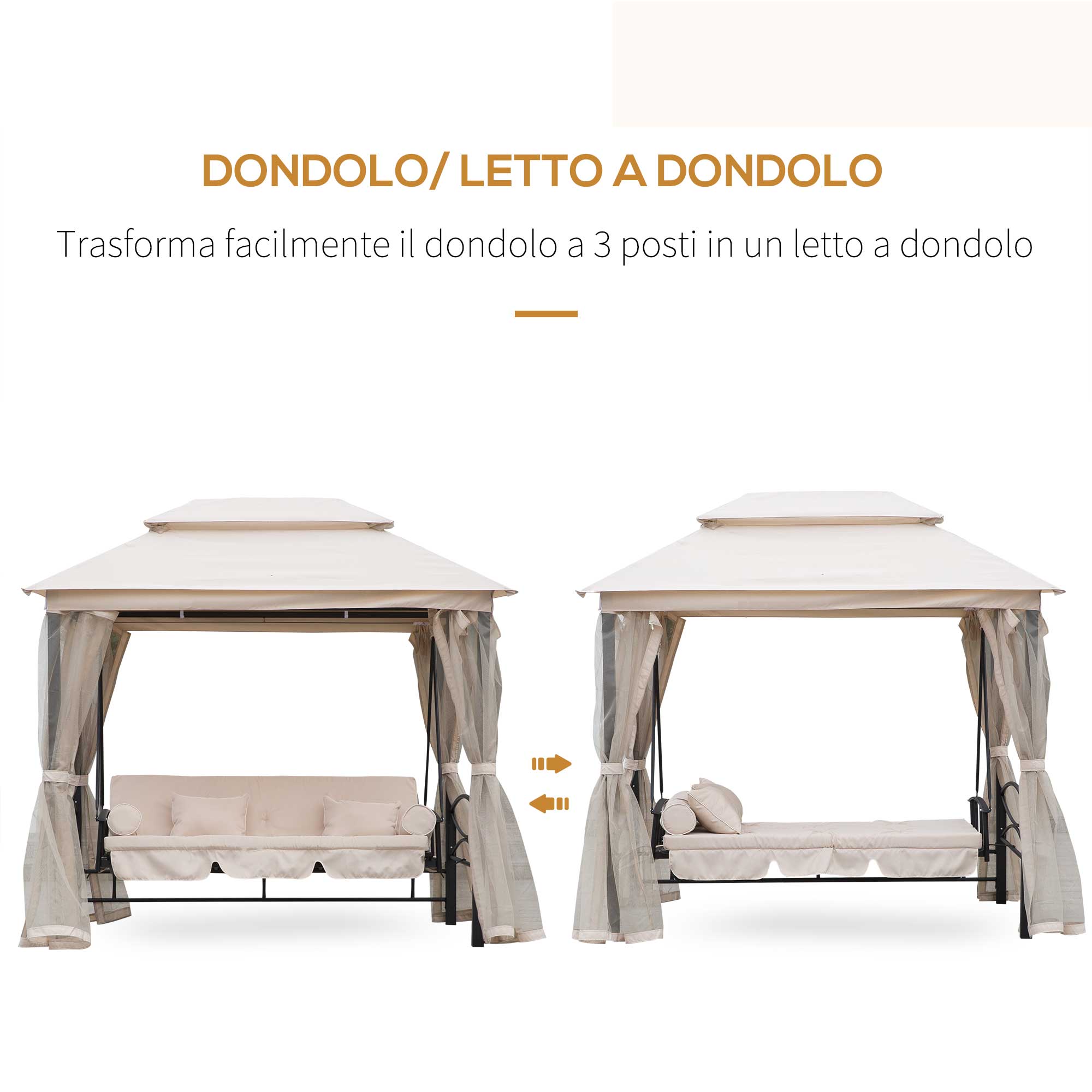 Dondolo a 3 Posti Gazebo Divano Letto con Zanzariera Beige